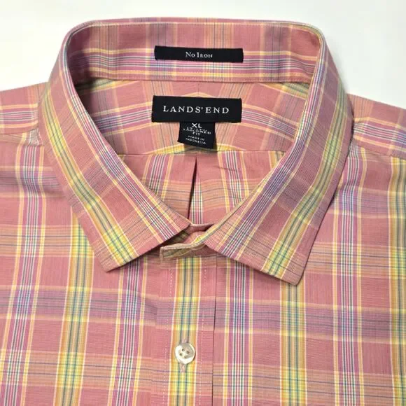 👔 Lands' End No Iron Shirt XL (17-17½)  Pink Yellow Check - Tailored Fit Cotton - Picture 3 of 12